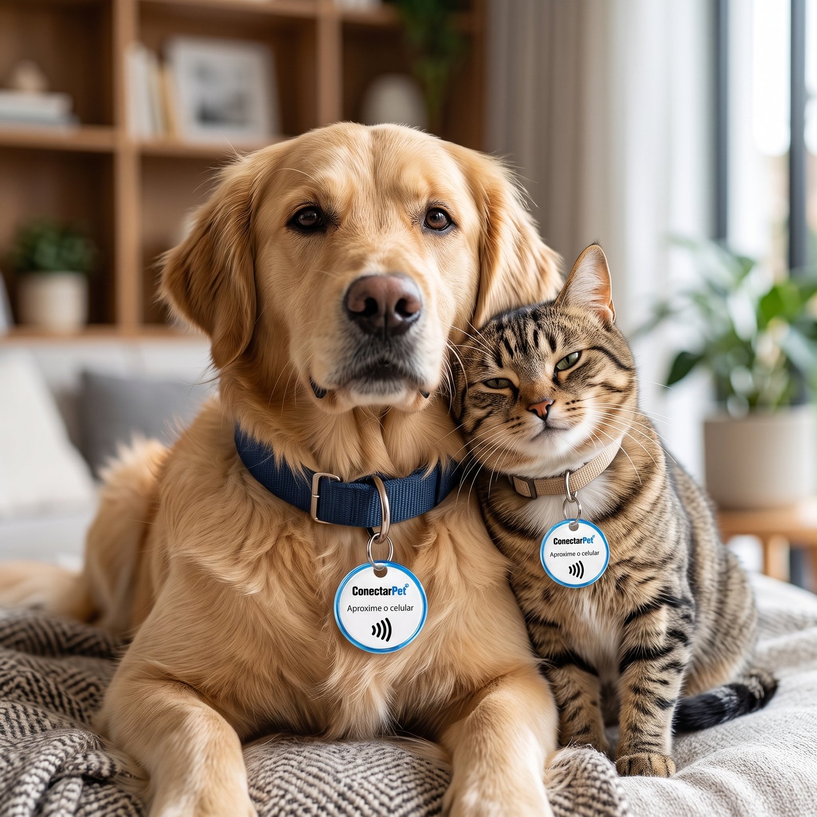 Cachorro e gato usando a TAG NFC ConectarPet
